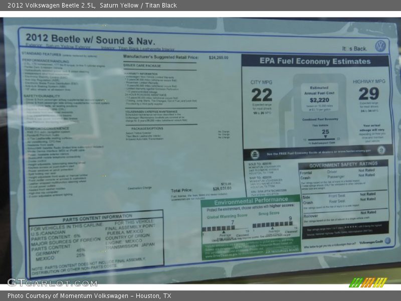  2012 Beetle 2.5L Window Sticker