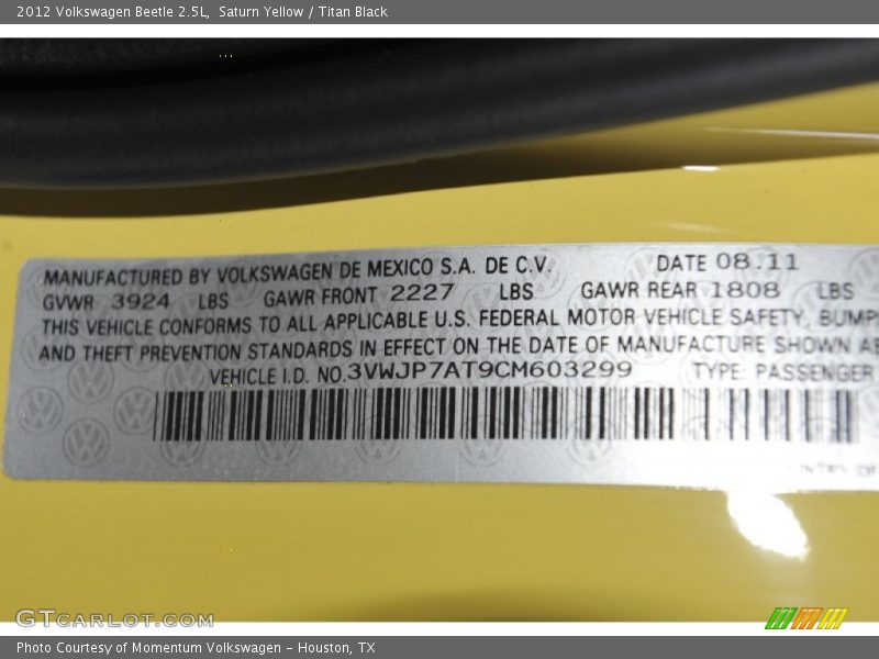 Saturn Yellow / Titan Black 2012 Volkswagen Beetle 2.5L