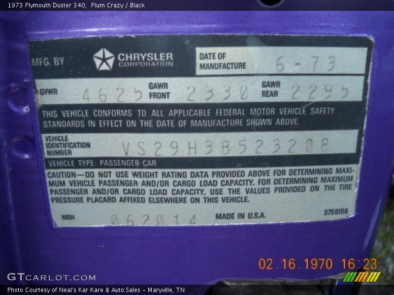 Info Tag of 1973 Duster 340