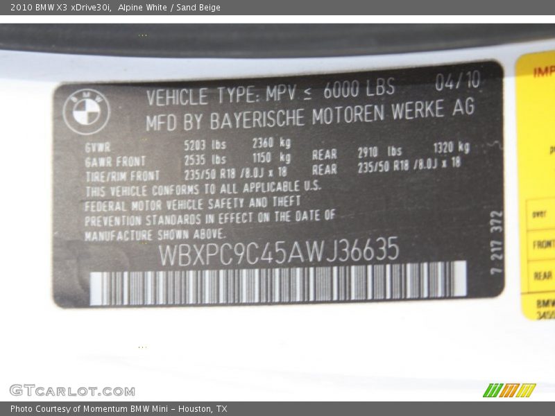 Alpine White / Sand Beige 2010 BMW X3 xDrive30i