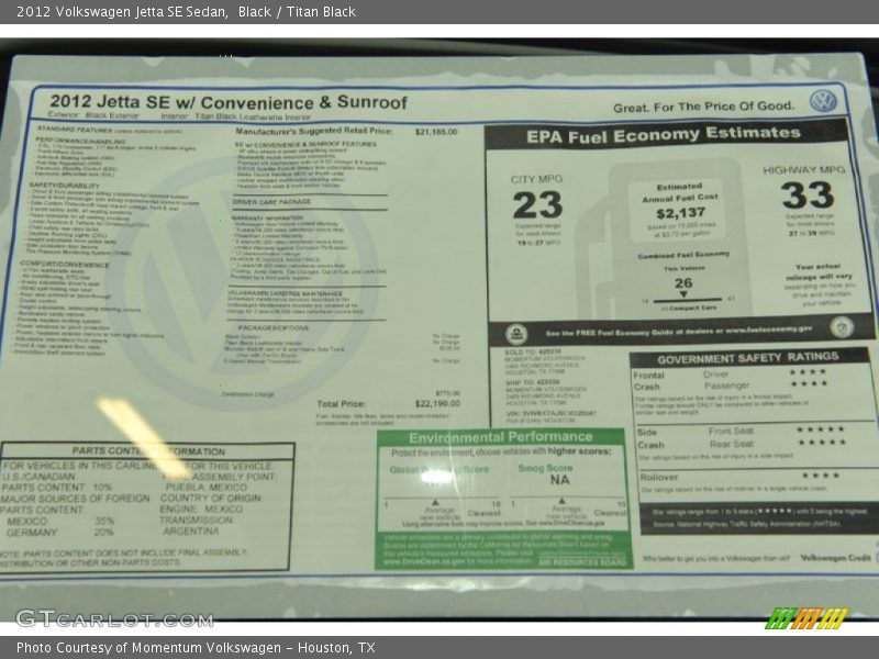  2012 Jetta SE Sedan Window Sticker