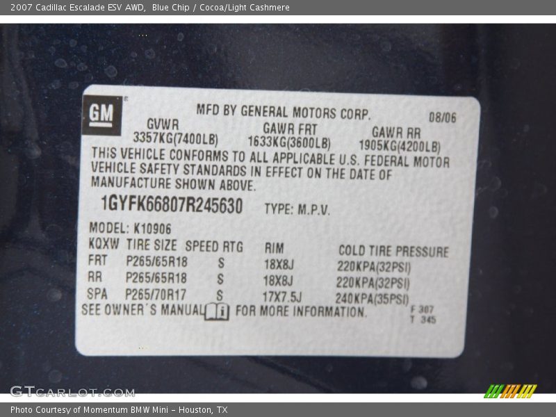 Blue Chip / Cocoa/Light Cashmere 2007 Cadillac Escalade ESV AWD
