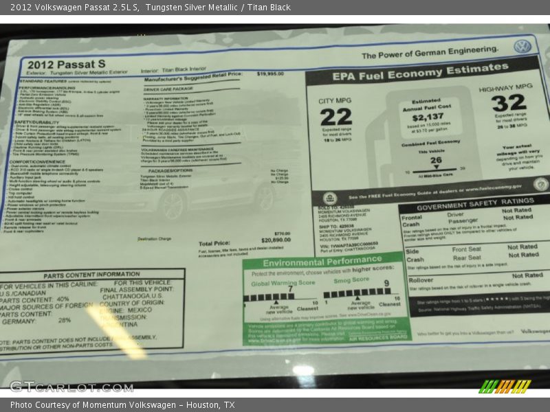  2012 Passat 2.5L S Window Sticker