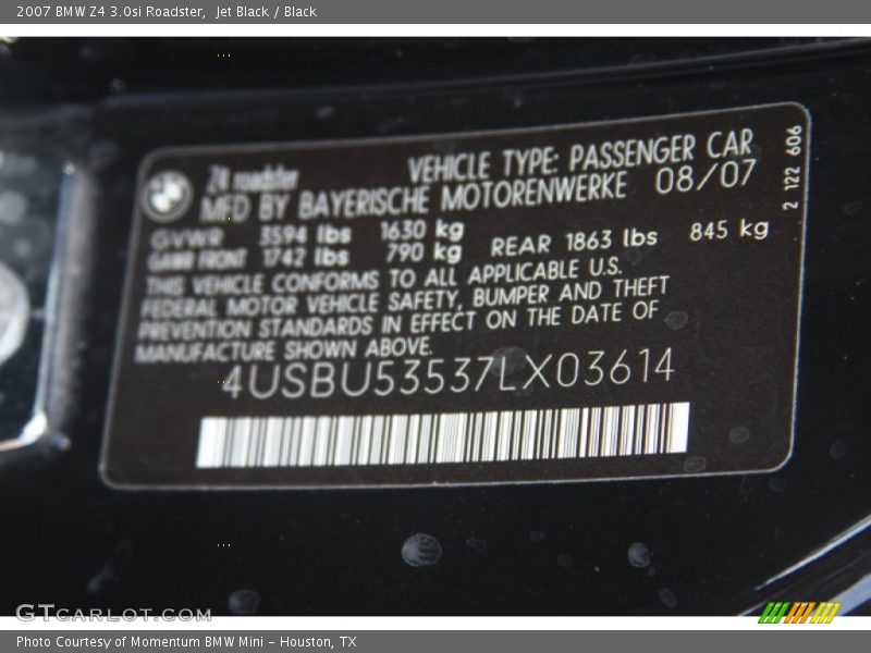 Jet Black / Black 2007 BMW Z4 3.0si Roadster