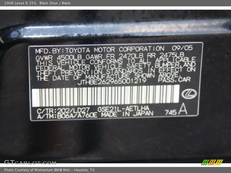 Black Onyx / Black 2006 Lexus IS 350