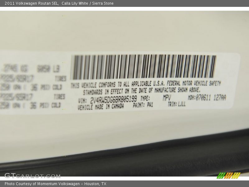 2011 Routan SEL Calla Lily White Color Code PW1
