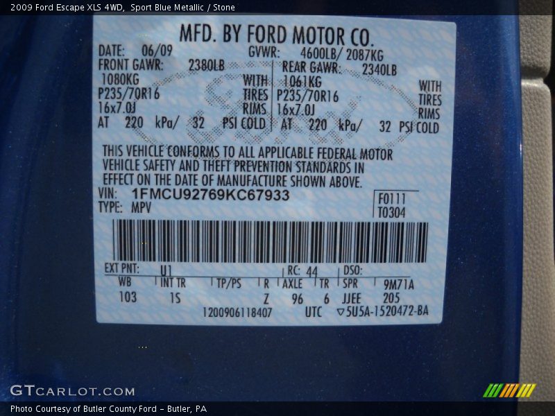2009 Escape XLS 4WD Sport Blue Metallic Color Code U1