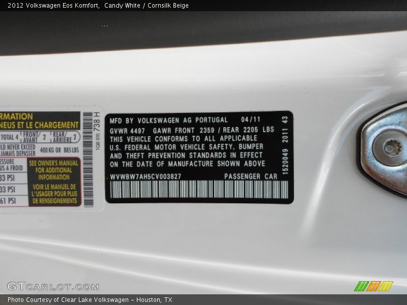 Candy White / Cornsilk Beige 2012 Volkswagen Eos Komfort
