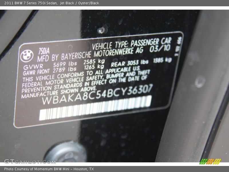 Jet Black / Oyster/Black 2011 BMW 7 Series 750i Sedan