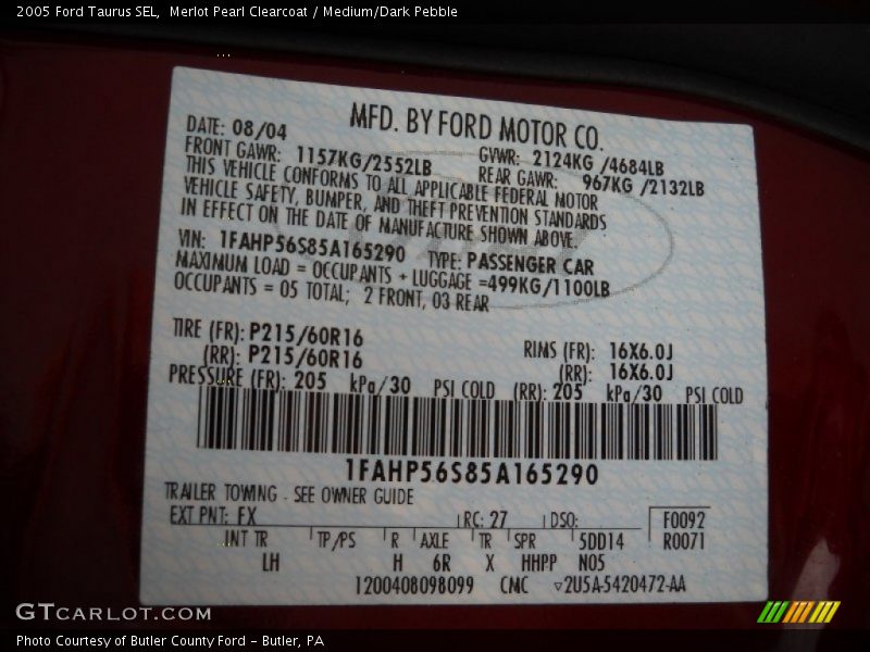 2005 Taurus SEL Merlot Pearl Clearcoat Color Code FX