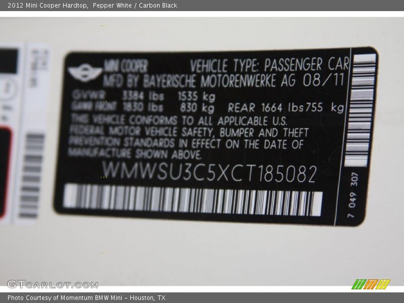 Pepper White / Carbon Black 2012 Mini Cooper Hardtop