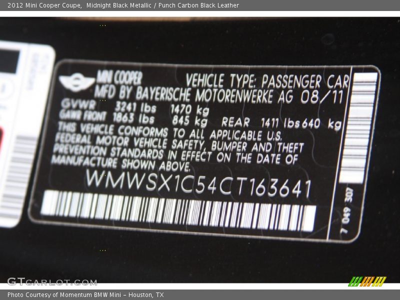 Midnight Black Metallic / Punch Carbon Black Leather 2012 Mini Cooper Coupe