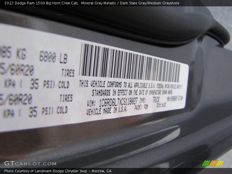 Mineral Gray Metallic / Dark Slate Gray/Medium Graystone 2012 Dodge Ram 1500 Big Horn Crew Cab