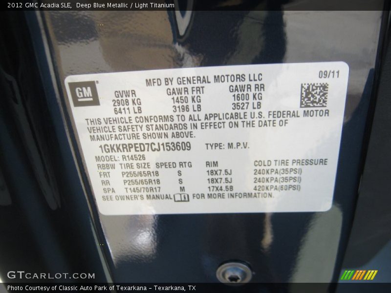Deep Blue Metallic / Light Titanium 2012 GMC Acadia SLE