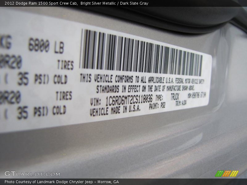 2012 Ram 1500 Sport Crew Cab Bright Silver Metallic Color Code PS2