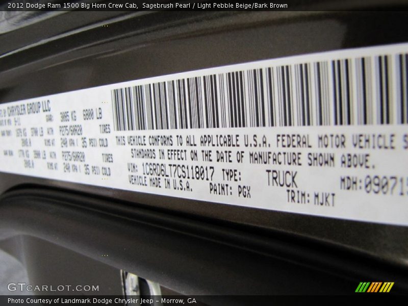 2012 Ram 1500 Big Horn Crew Cab Sagebrush Pearl Color Code PGX