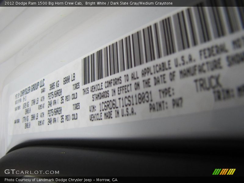 Bright White / Dark Slate Gray/Medium Graystone 2012 Dodge Ram 1500 Big Horn Crew Cab