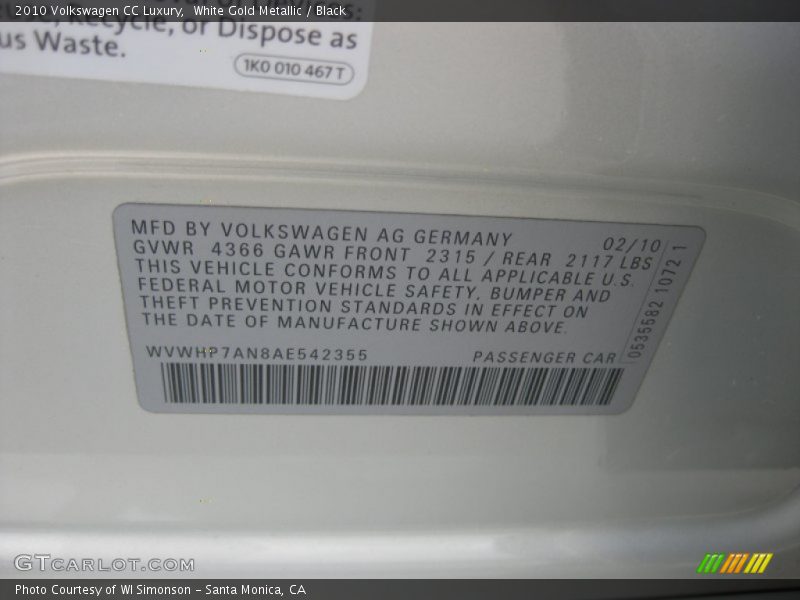 White Gold Metallic / Black 2010 Volkswagen CC Luxury