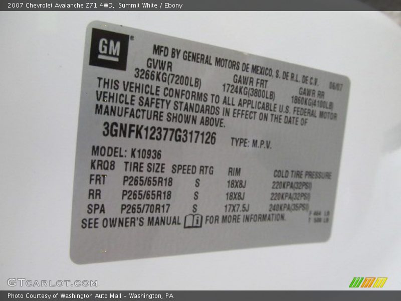 Summit White / Ebony 2007 Chevrolet Avalanche Z71 4WD