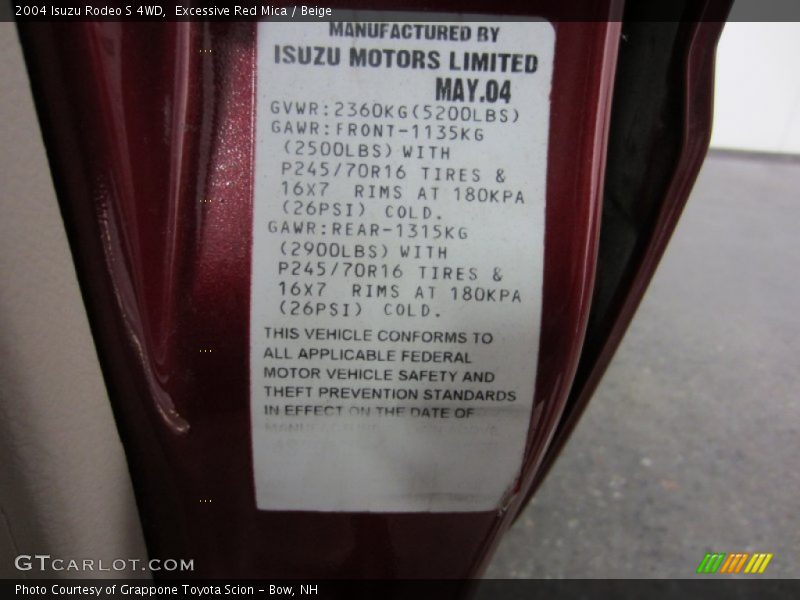 Excessive Red Mica / Beige 2004 Isuzu Rodeo S 4WD