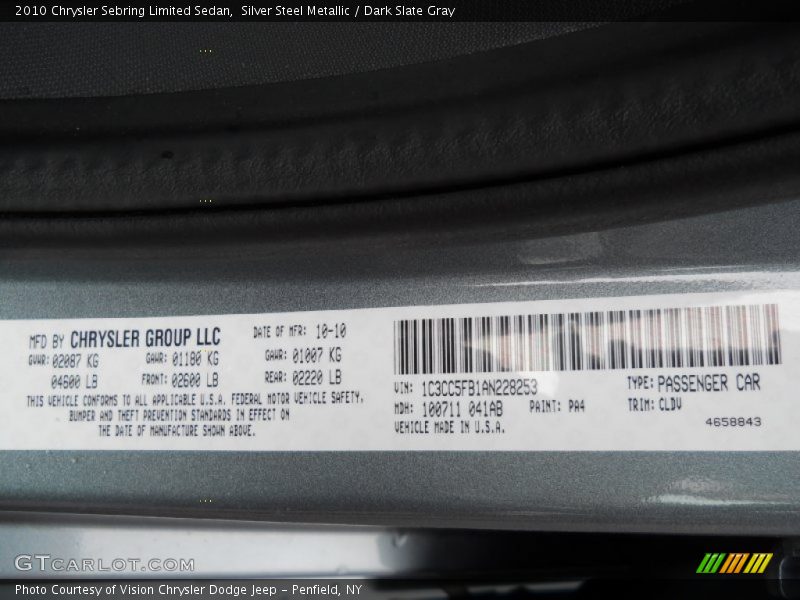 Silver Steel Metallic / Dark Slate Gray 2010 Chrysler Sebring Limited Sedan