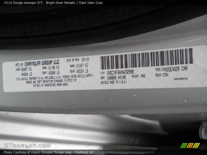 Bright Silver Metallic / Dark Slate Gray 2010 Dodge Avenger SXT