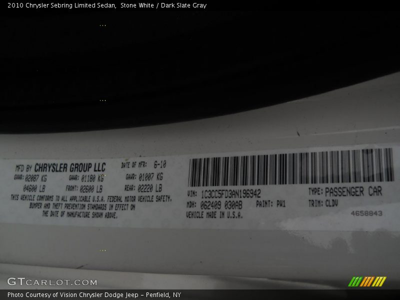 Stone White / Dark Slate Gray 2010 Chrysler Sebring Limited Sedan