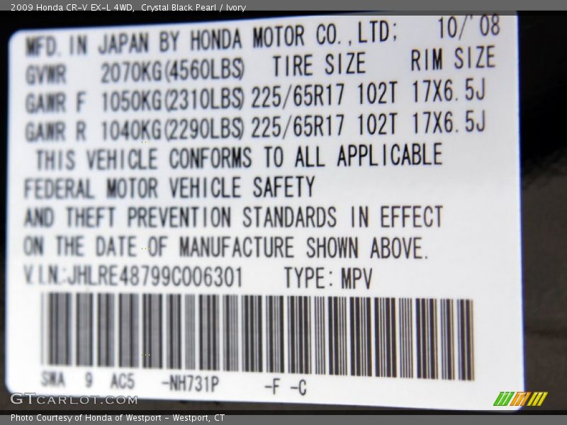 2009 CR-V EX-L 4WD Crystal Black Pearl Color Code NH731P