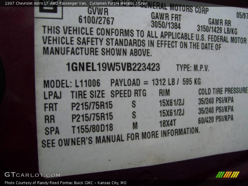 Cyclamen Purple Metallic / Gray 1997 Chevrolet Astro LT AWD Passenger Van