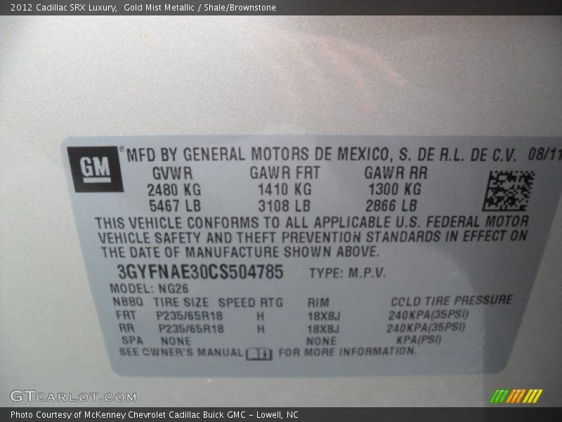 Gold Mist Metallic / Shale/Brownstone 2012 Cadillac SRX Luxury