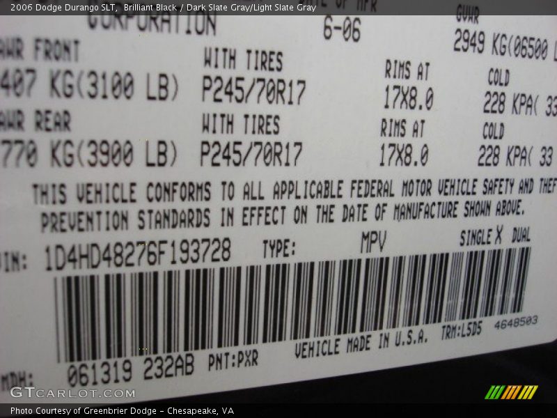 2006 Durango SLT Brilliant Black Color Code PXR
