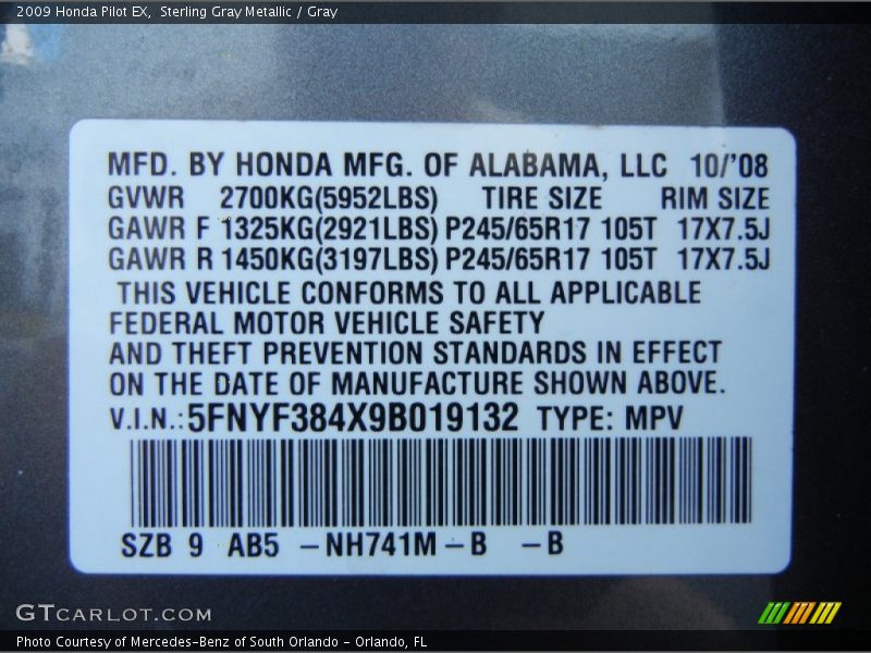 Sterling Gray Metallic / Gray 2009 Honda Pilot EX