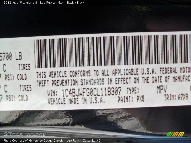 2012 Wrangler Unlimited Rubicon 4x4 Black Color Code PX8