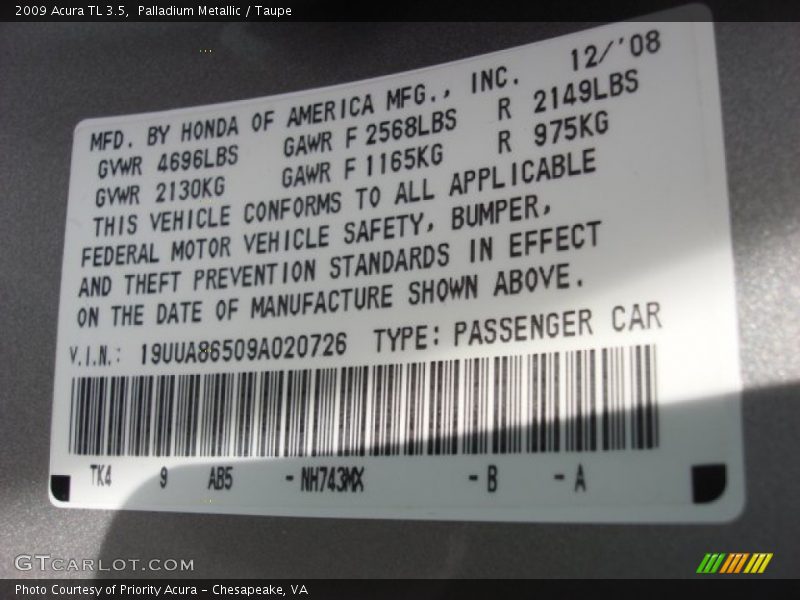 Palladium Metallic / Taupe 2009 Acura TL 3.5