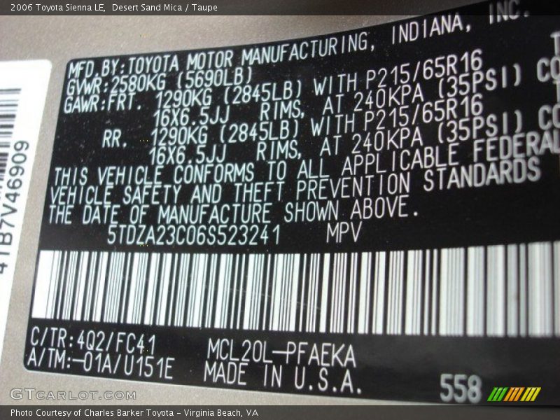 Desert Sand Mica / Taupe 2006 Toyota Sienna LE