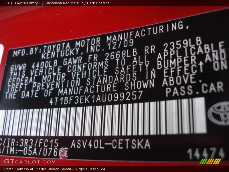 Barcelona Red Metallic / Dark Charcoal 2010 Toyota Camry SE