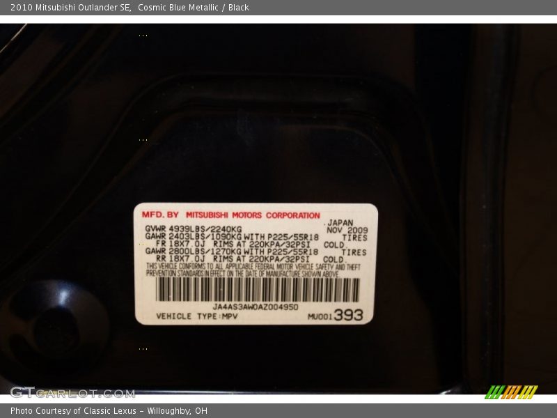 Cosmic Blue Metallic / Black 2010 Mitsubishi Outlander SE