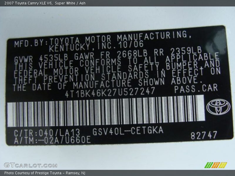 Super White / Ash 2007 Toyota Camry XLE V6