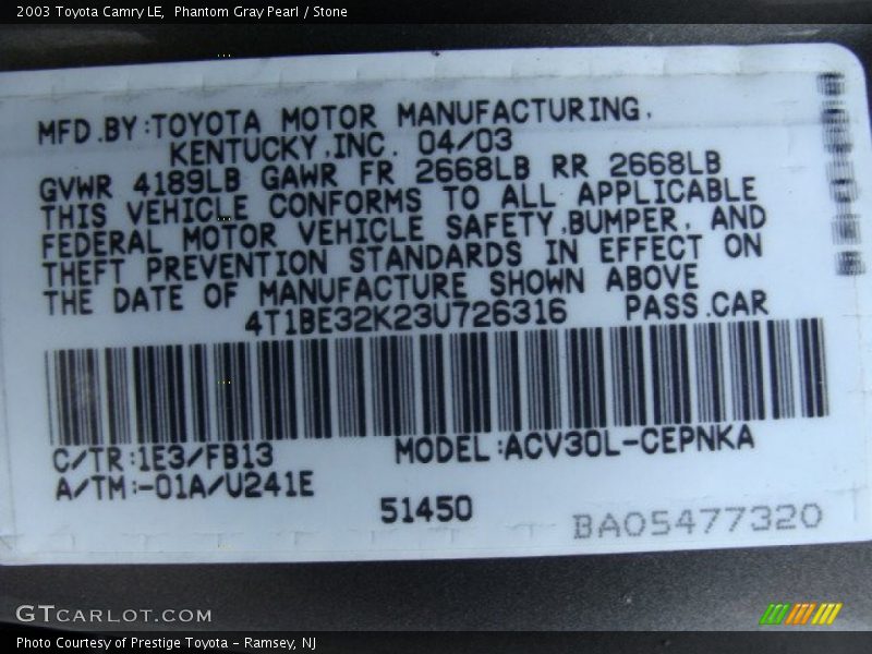 Phantom Gray Pearl / Stone 2003 Toyota Camry LE