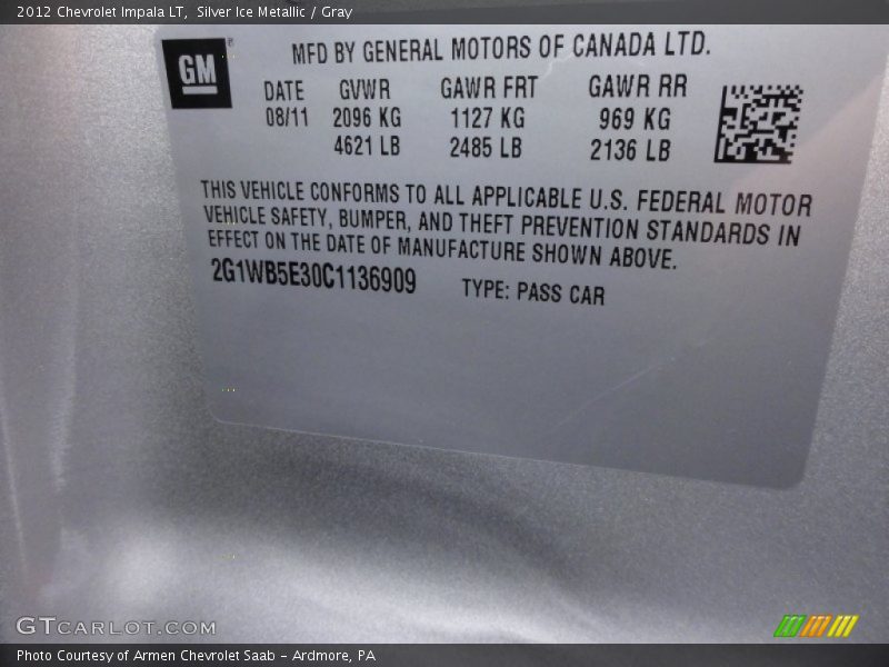 Silver Ice Metallic / Gray 2012 Chevrolet Impala LT