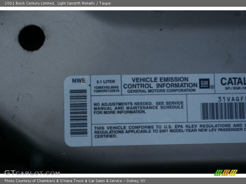 Info Tag of 2001 Century Limited