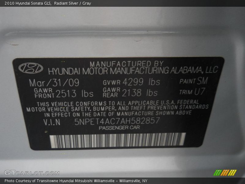 Radiant Silver / Gray 2010 Hyundai Sonata GLS