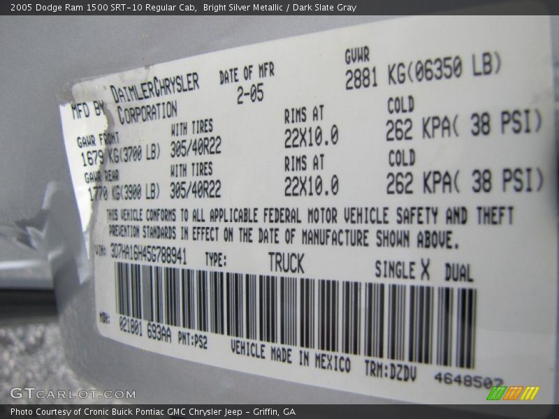 Bright Silver Metallic / Dark Slate Gray 2005 Dodge Ram 1500 SRT-10 Regular Cab