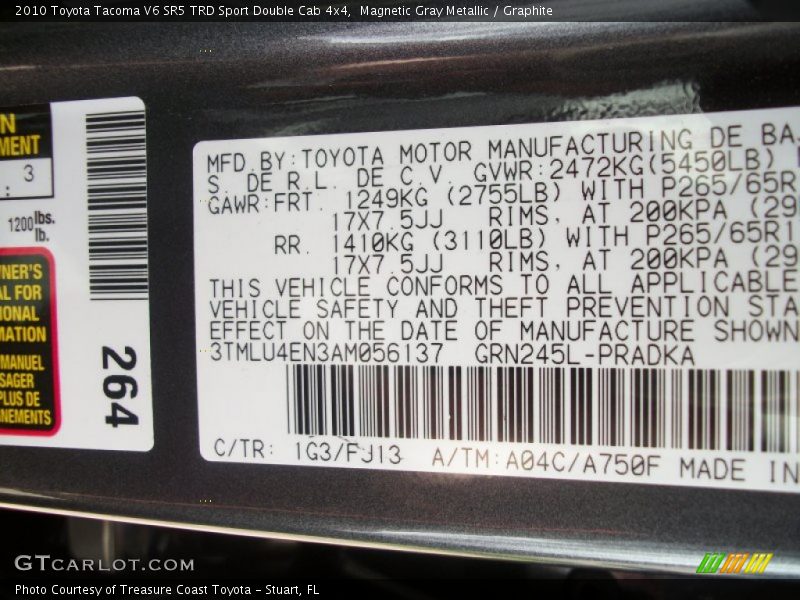 Magnetic Gray Metallic / Graphite 2010 Toyota Tacoma V6 SR5 TRD Sport Double Cab 4x4