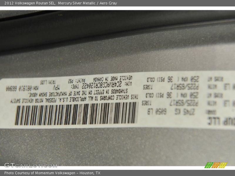 Mercury Silver Metallic / Aero Gray 2012 Volkswagen Routan SEL