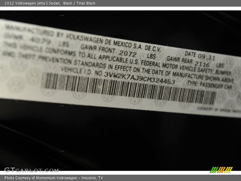 Black / Titan Black 2012 Volkswagen Jetta S Sedan