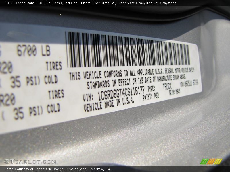Bright Silver Metallic / Dark Slate Gray/Medium Graystone 2012 Dodge Ram 1500 Big Horn Quad Cab