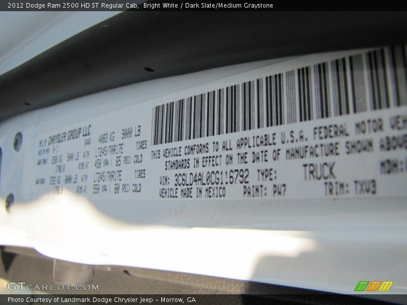 2012 Ram 2500 HD ST Regular Cab Bright White Color Code PW7