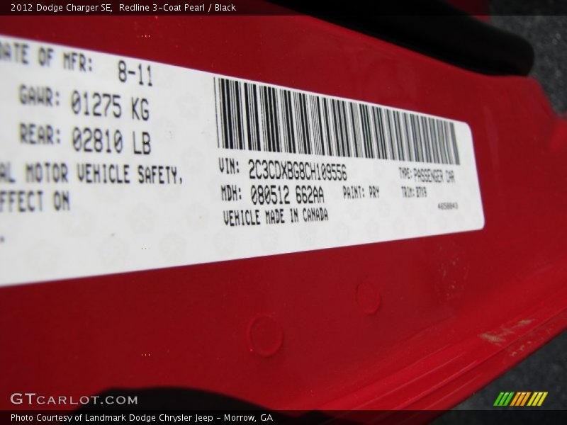 Redline 3-Coat Pearl / Black 2012 Dodge Charger SE