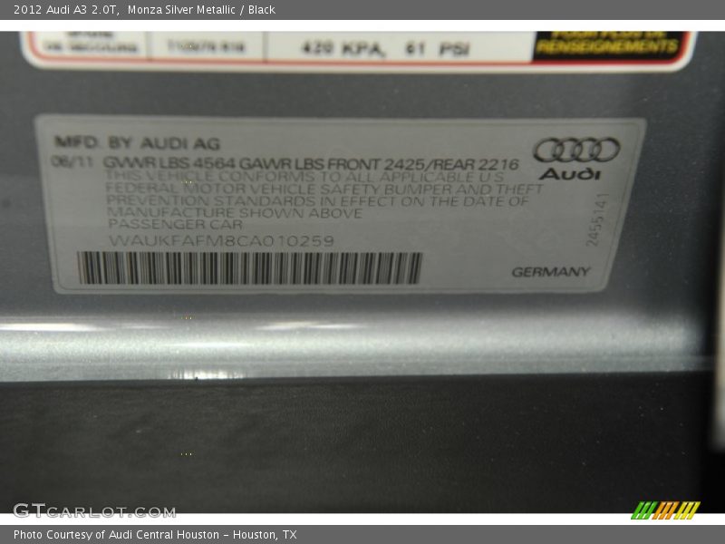 Info Tag of 2012 A3 2.0T